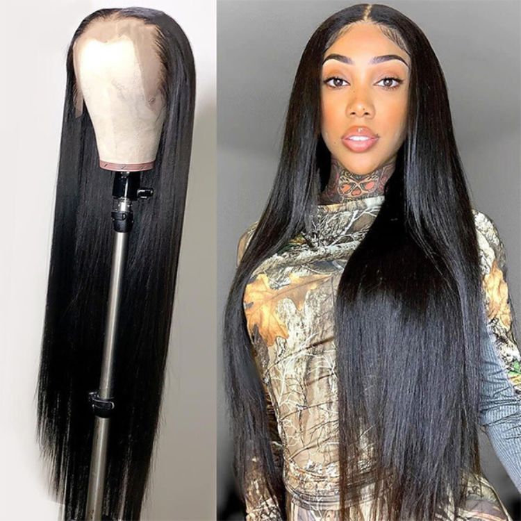 Luvme Hair silky straight 13x4 lace frontal wig with 180% density, long, pre-plucked, glueless, and natural-looking.