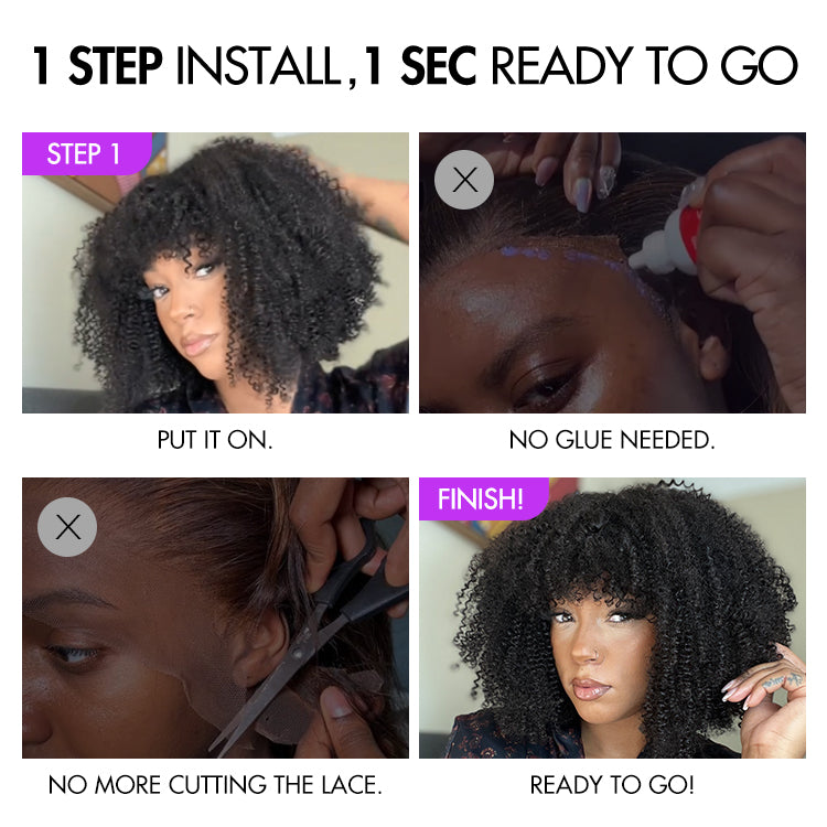 Breathable Cap Ready to Go Bouncy Jerry Curl Glueless Minimalist Lace Curly Wig with Bangs-10