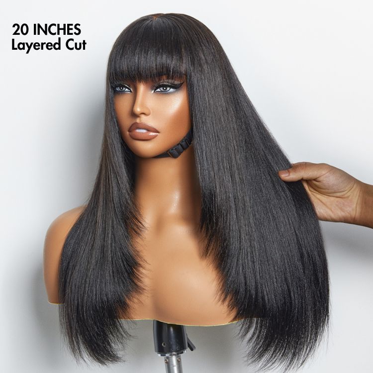 Breathable Cap Yaki Straight Ultra Natural Minimalist Lace Long Wig with Bangs