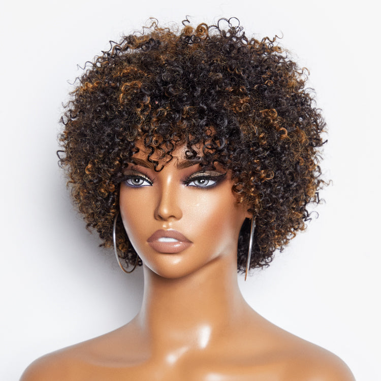 Dark Red / Blonde Highlights / Natural Black Afro Curls Glueless Ready to Go Wig Beginner Friendly - US Only-01