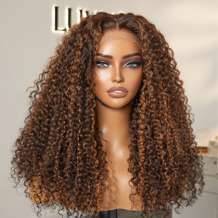 180% Density Copper Highlight Kinky Curly Glueless 5x5 Closure Lace Curly Wig