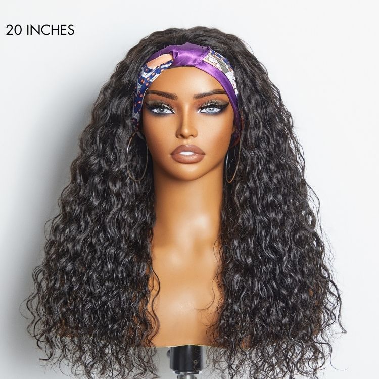 Luvme wet and wavy water wave headband wig, glueless long water wave headband wig on a mannequin head.