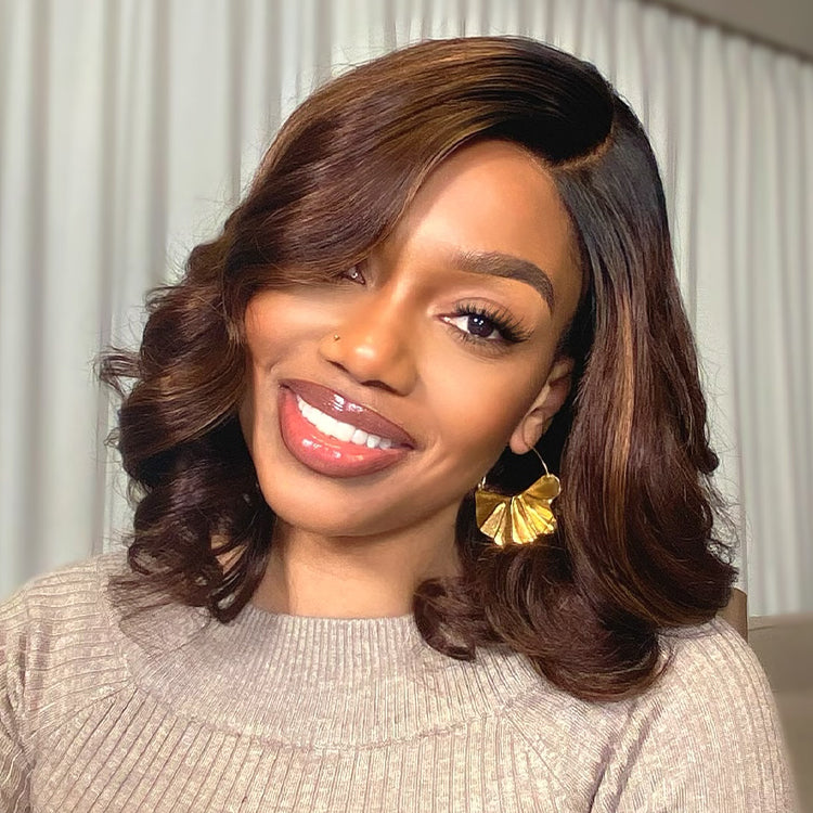 Ombre Brown Loose Wave Minimalist HD Lace Glueless C Part Short Wig 100% Human Hair  - US ONLY-01