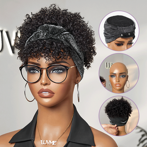 Luvme Hair's throw-on, glueless Afro headband wig with short curly style and detachable bangs, designed for easy wear.