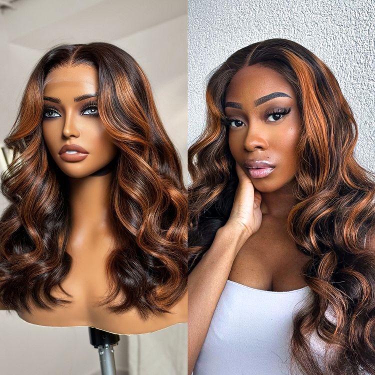 Elegant Copper Ombre Highlights Loose Body Wave / Silky Straight Glueless 5x5 Closure Lace Wig Breathable Cap
