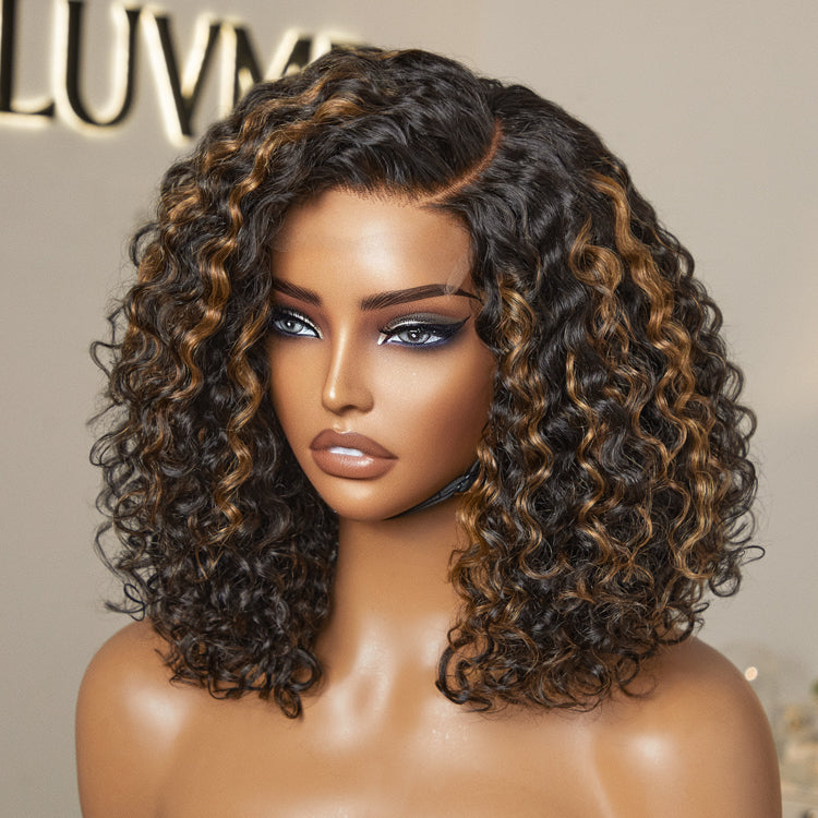 Casual Blonde Highlights Curly Minimalist HD Lace Glueless C Part Short Wig 100% Human Hair