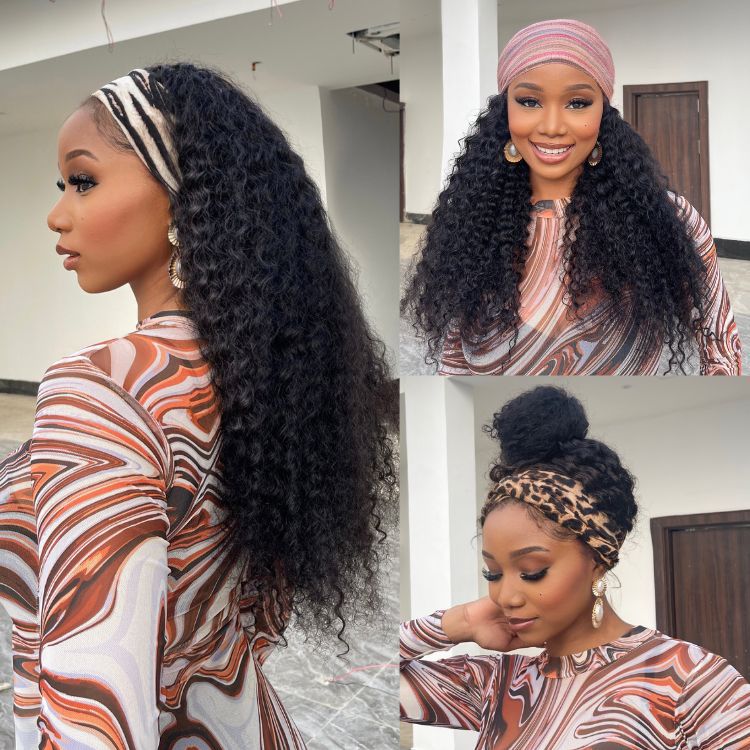 Special Deal | Throw On & Go Natural Black / Blonde Highlight Deep Wave No Lace Glueless Long Headband Wig (Get Free Trendy Headbands)-01