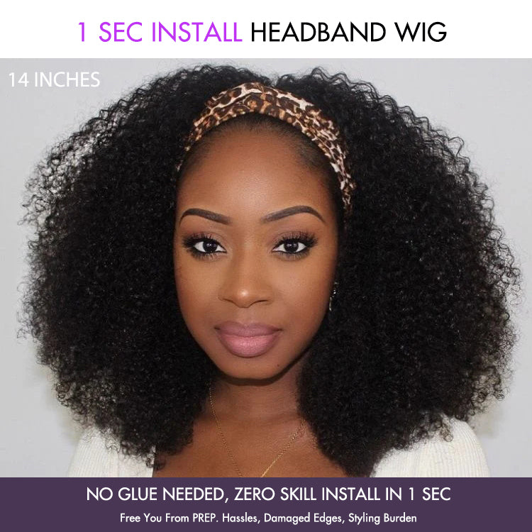 New Customers Only | Natural Black Jerry Curly No Lace Glueless Free Part Long Headband Wig 100% Human Hair (Get Free Trendy Headbands)-04