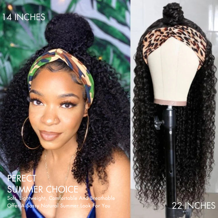 New Customers Only | Natural Black Jerry Curly No Lace Glueless Free Part Long Headband Wig 100% Human Hair (Get Free Trendy Headbands)-03