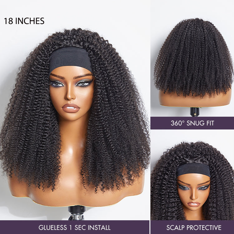 New Customers Only | Natural Black Jerry Curly No Lace Glueless Free Part Long Headband Wig 100% Human Hair (Get Free Trendy Headbands)-07