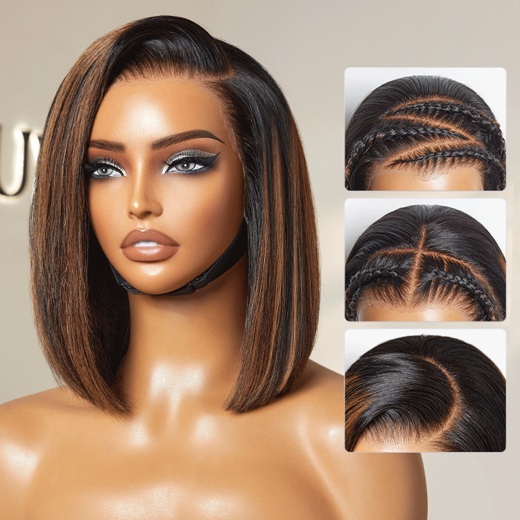 PreMax Wigs | Natural Looking Brown Highlight Silky Blunt Cut Bob Glueless 13x4 Frontal Pre-Cut Lace Wig-01