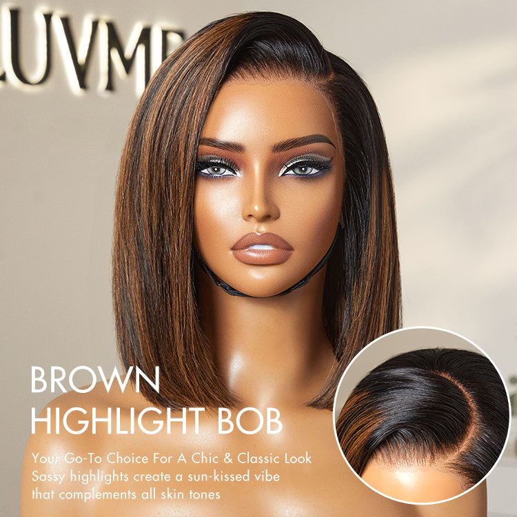 PreMax Wigs | Natural Looking Brown Highlight Silky Blunt Cut Bob Glueless 13x4 Frontal Pre-Cut Lace Wig-02