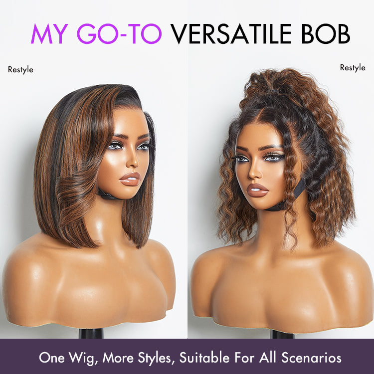 PreMax Wigs | Natural Looking Brown Highlight Silky Blunt Cut Bob Glueless 13x4 Frontal Pre-Cut Lace Wig-03