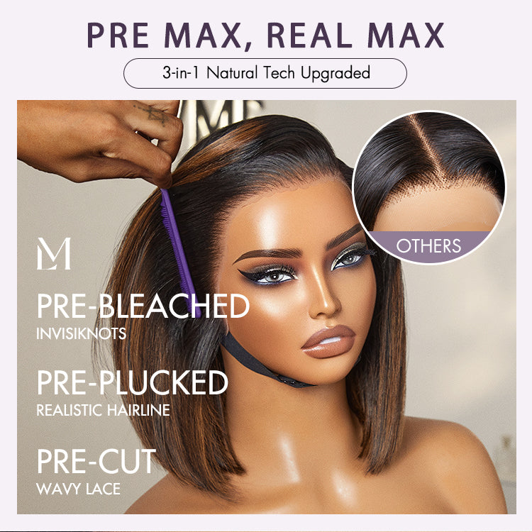 PreMax Wigs | Natural Looking Brown Highlight Silky Blunt Cut Bob Glueless 13x4 Frontal Pre-Cut Lace Wig-05