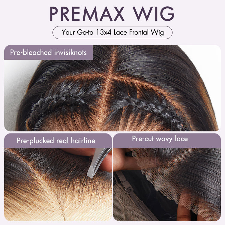 PreMax Wigs | Natural Looking Brown Highlight Silky Blunt Cut Bob Glueless 13x4 Frontal Pre-Cut Lace Wig-06