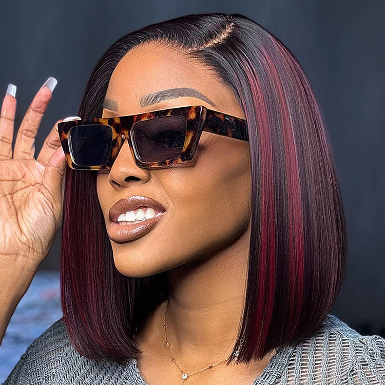 Dark Red Highlights Silky Blunt Cut C Part Glueless Minimalist HD Lace Bob Wig Beginner Friendly - US Only-05