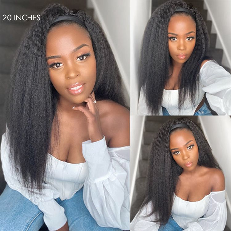 Luvme Put On & Go Glueless Kinky Straight Headband Wig made of 100% human hair with trendy headbands included, worn on a head.