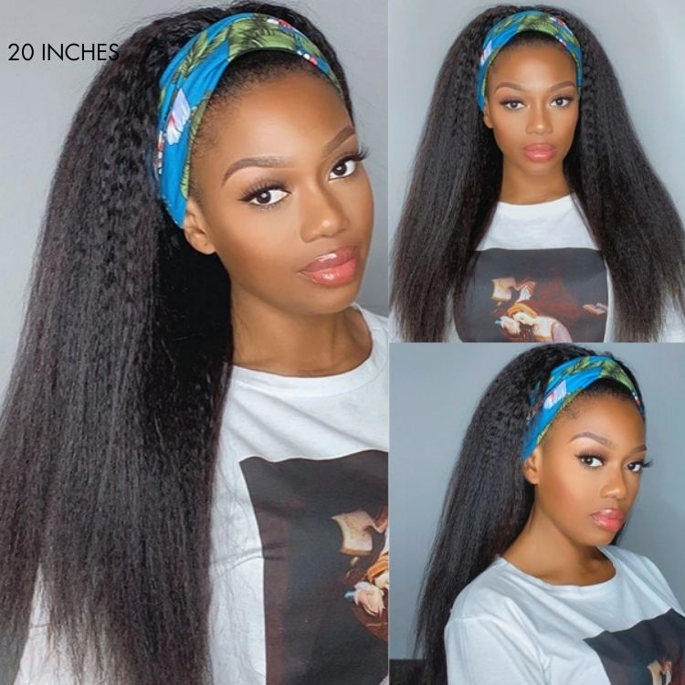 Luvme Put On & Go glueless kinky straight headband wig made of 100% human hair with stylish headbands included.