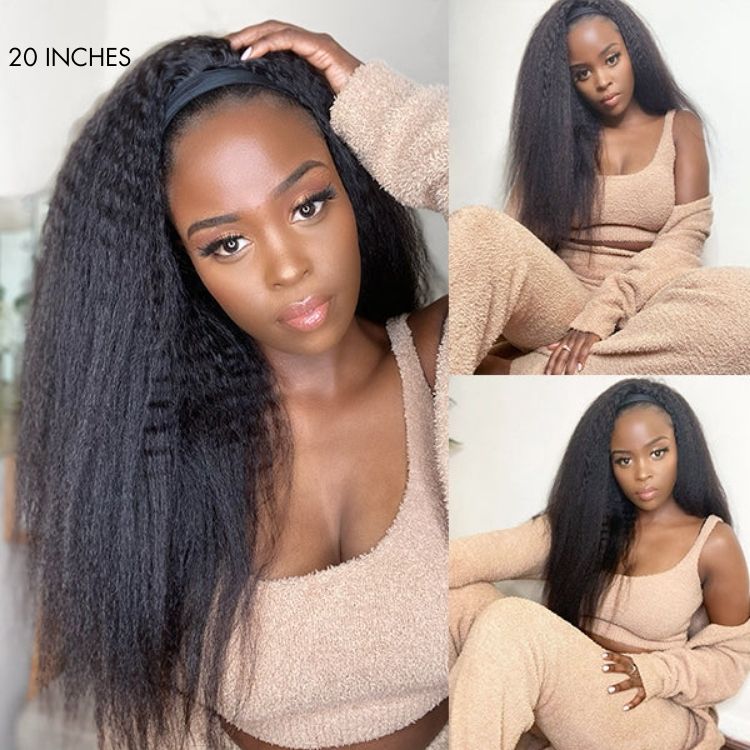 Luvme put on & go glueless kinky straight headband wig made of 100% human hair with trendy headbands included.