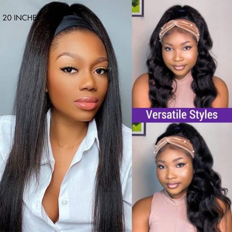 Luvme Put On & Go Glueless Kinky Straight Headband Wig made of 100% human hair with a trendy headband, styled for easy wear.