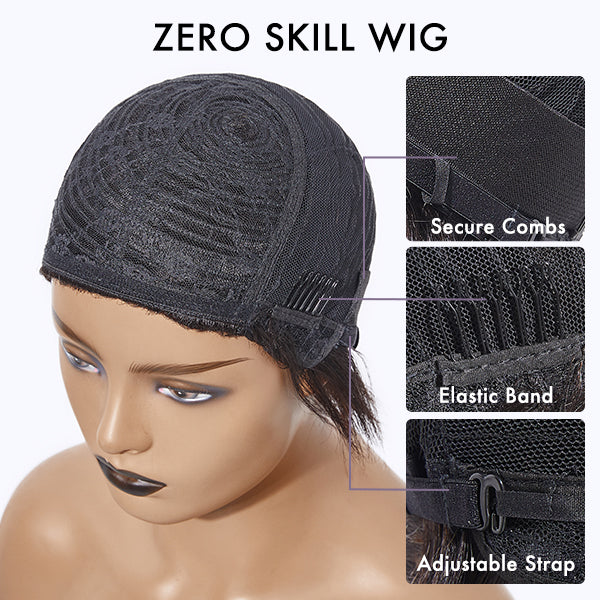 Luvme Throw On & Go salt and pepper glueless bob wig with bangs, beginner-friendly, no lace, easy to wear for women.
