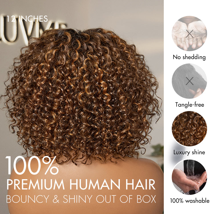 Luvme Hair warm caramel brown and natural black deep curly glueless 5x5 lace closure wig with pre-cut lace and deep curl pattern