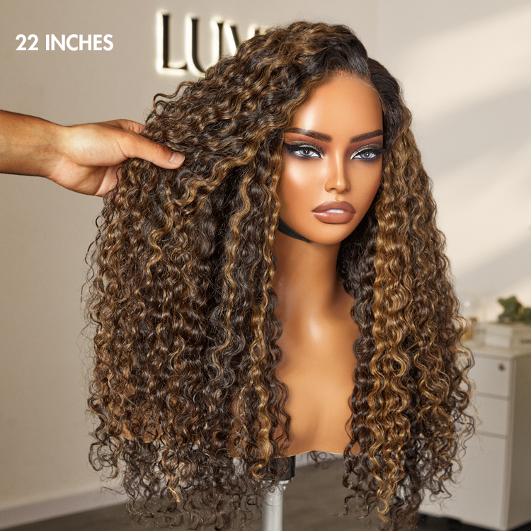 Brown Highlights Funmi Curly Glueless 5x5 Closure Lace Long Curly Wig Beginner Friendly- US Only-04