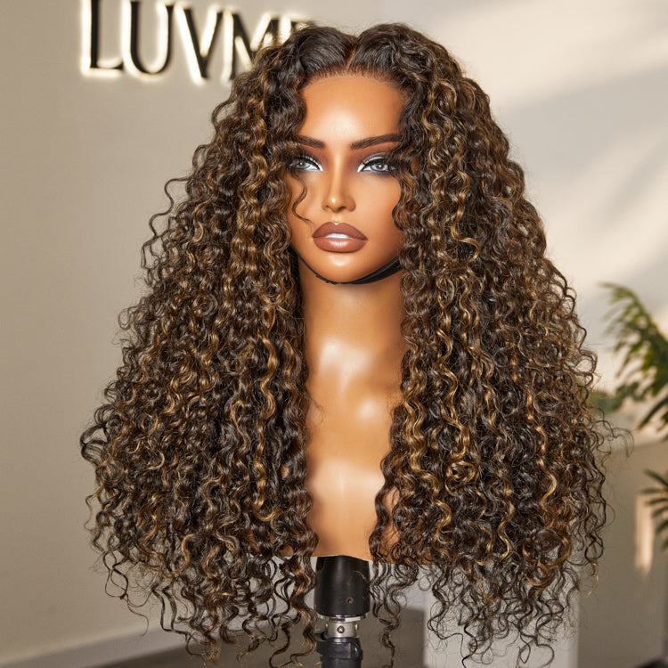 Brown Highlights Funmi Curly Glueless 5x5 Closure Lace Long Curly Wig Beginner Friendly- US Only-01