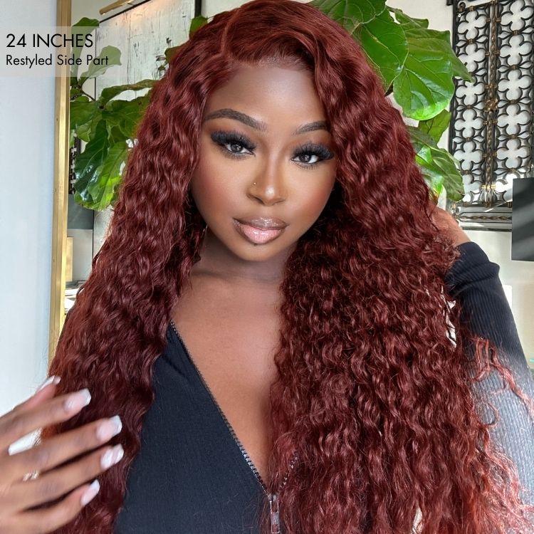Dark Reddish Brown Fluffy Deep Wave Glueless 5x5 Closure Lace Wig - US Only-03