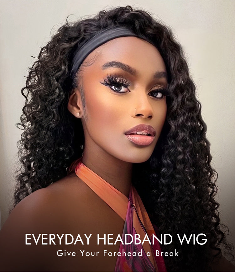 Special Deal | Throw On & Go Natural Black / Blonde Highlight Deep Wave No Lace Glueless Long Headband Wig (Get Free Trendy Headbands)-14
