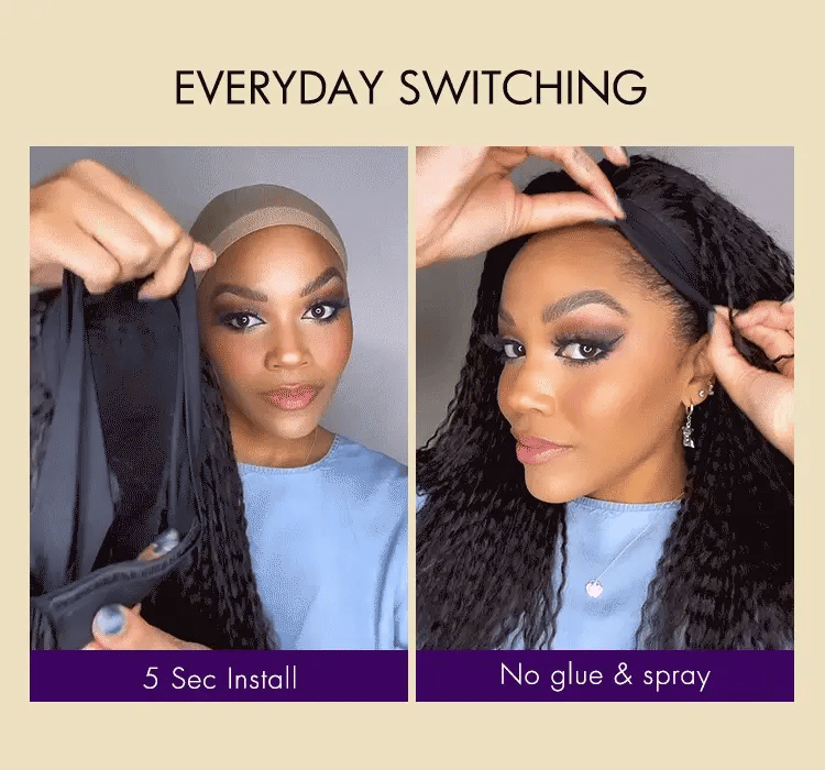 Special Deal | Throw On & Go Natural Black / Blonde Highlight Deep Wave No Lace Glueless Long Headband Wig (Get Free Trendy Headbands)-15