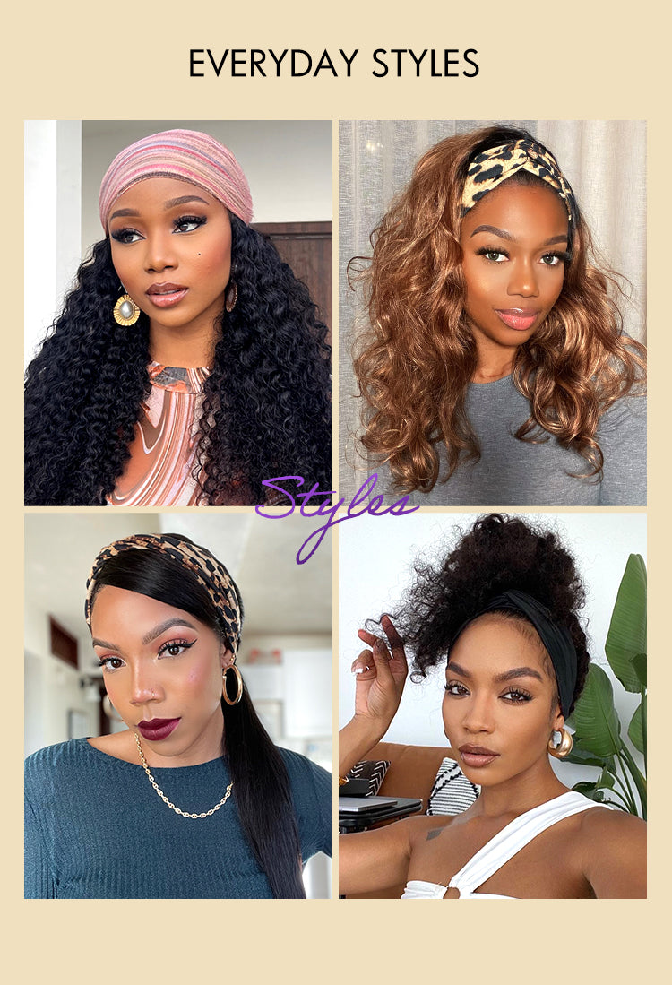 Special Deal | Throw On & Go Natural Black / Blonde Highlight Deep Wave No Lace Glueless Long Headband Wig (Get Free Trendy Headbands)-17