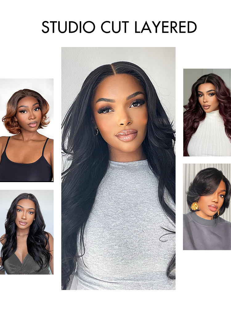 weekly special | Limited Design | Toffee Brown Mix Blonde / Natural Black Layered Cut Glueless 5x5 Closure Lace Bob Wig-09