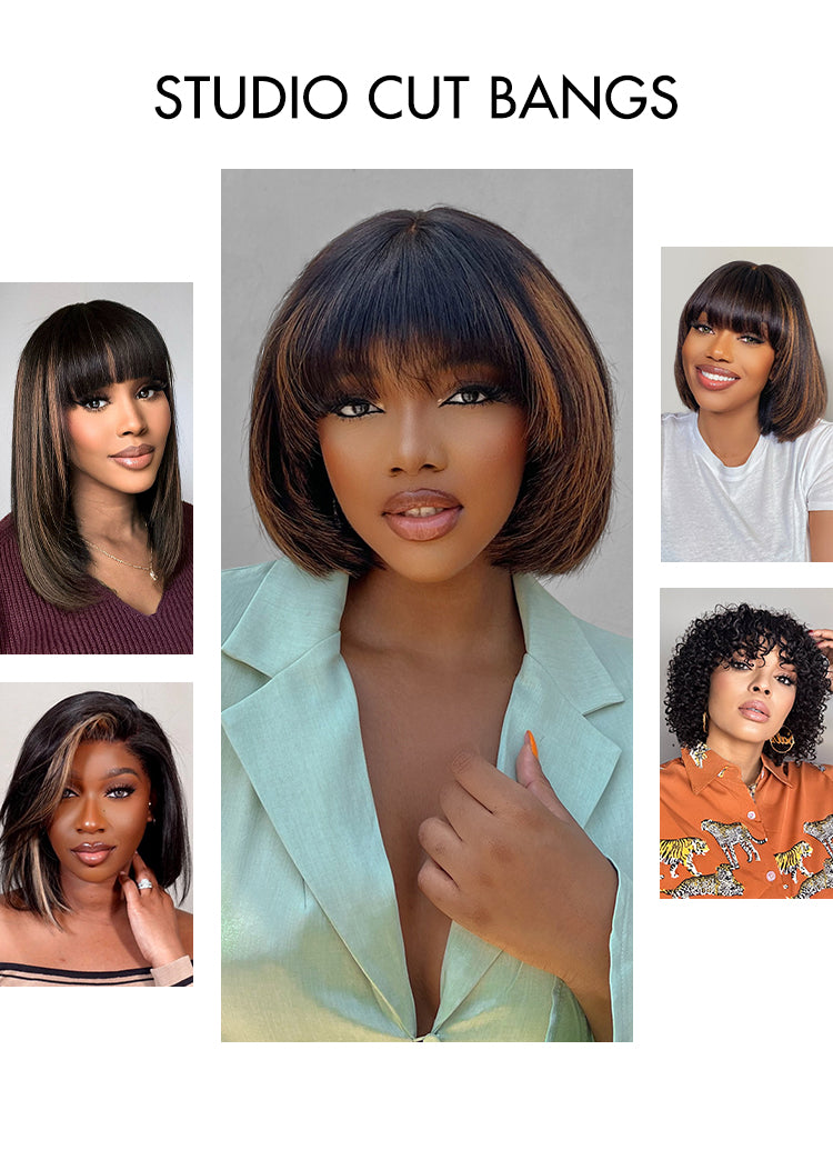 Burgundy New Trend Side-swept Bangs Glueless Wide T Lace Bob Wig 100% Human Hair - US Only-09
