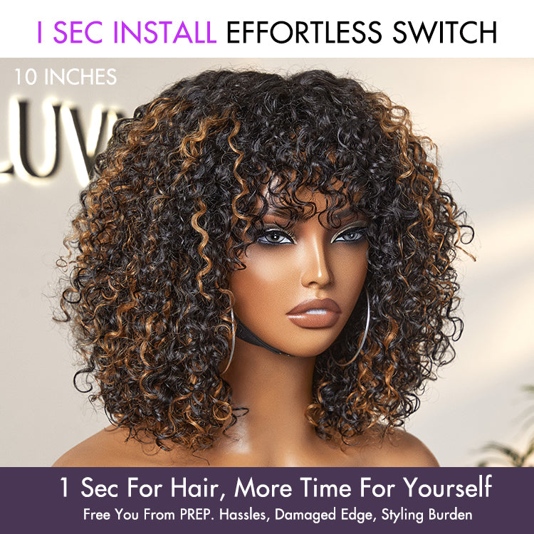 Luvme beginner-friendly water wave lace glueless short wig with bangs, minimalist style, natural hair appearance, and easy wear.
