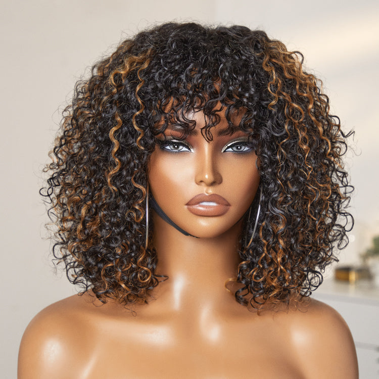 Luvme short curly lace glueless wig with bangs, water wave style, beginner-friendly, minimalist and natural-looking hair.