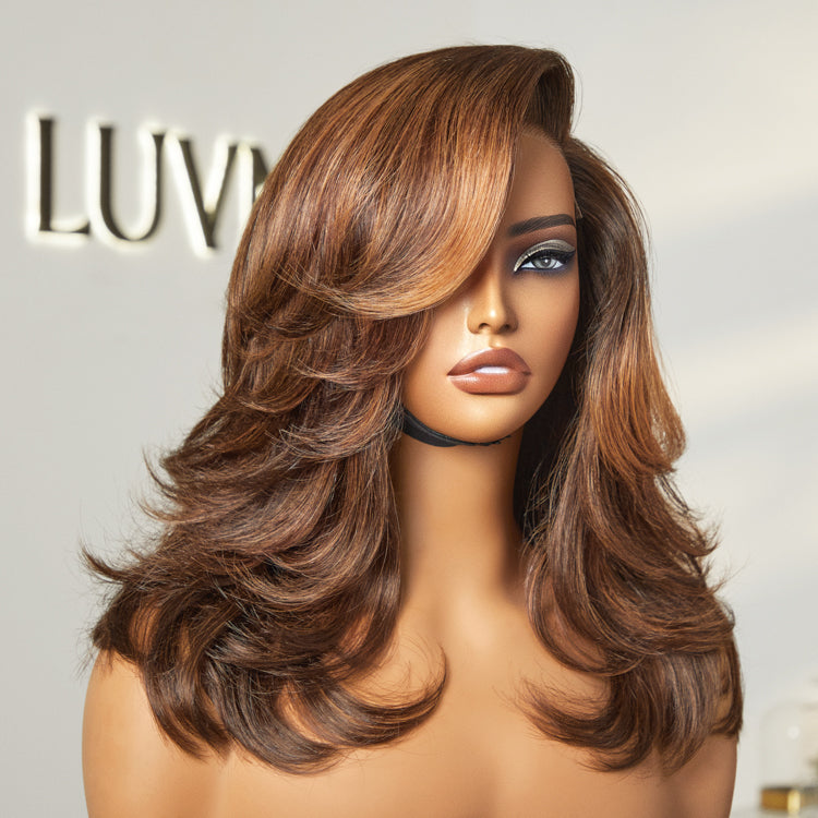 Luvme Hair butterfly cut layered wavy short wig with glueless HD lace, minimalist style, and effortless chic look.