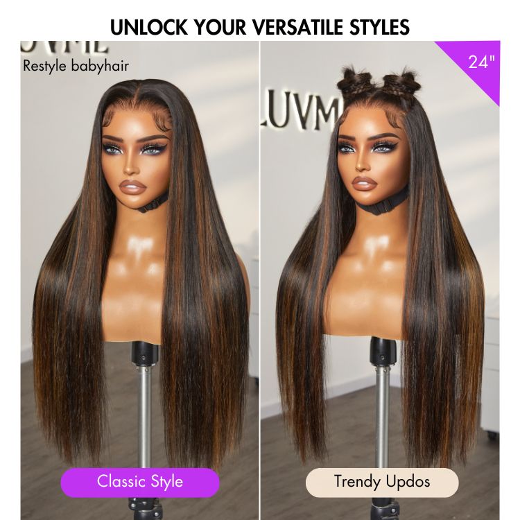 Luvme Hair PreMax Wigs 13x4 frontal lace wig with silky straight hair, natural hairline, brown highlights, glueless long wig, pre-cut lace