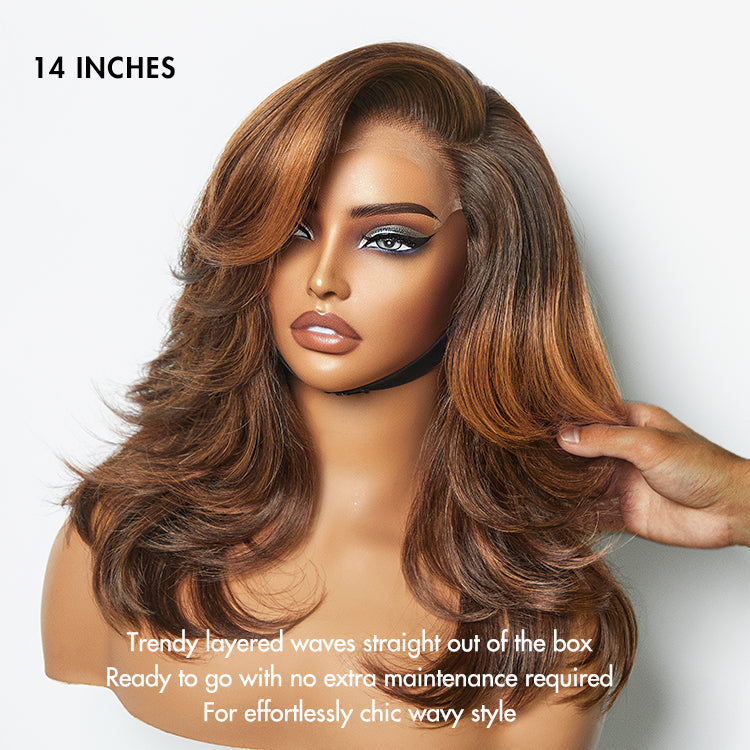 Effortlessly Chic Butterfly Haircut Pre-Layered Cut Brown Highlight Glueless Minimalist HD Lace Shoulder Length Wig-09