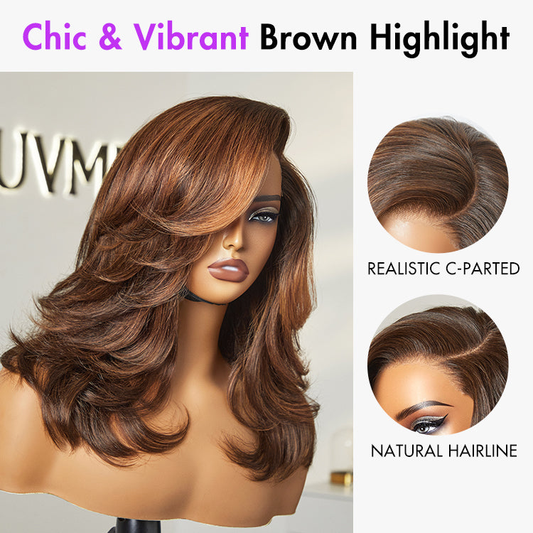 Luvme Hair butterfly cut layered wavy short wig with glueless HD lace, minimalist chic style, natural textured finish.