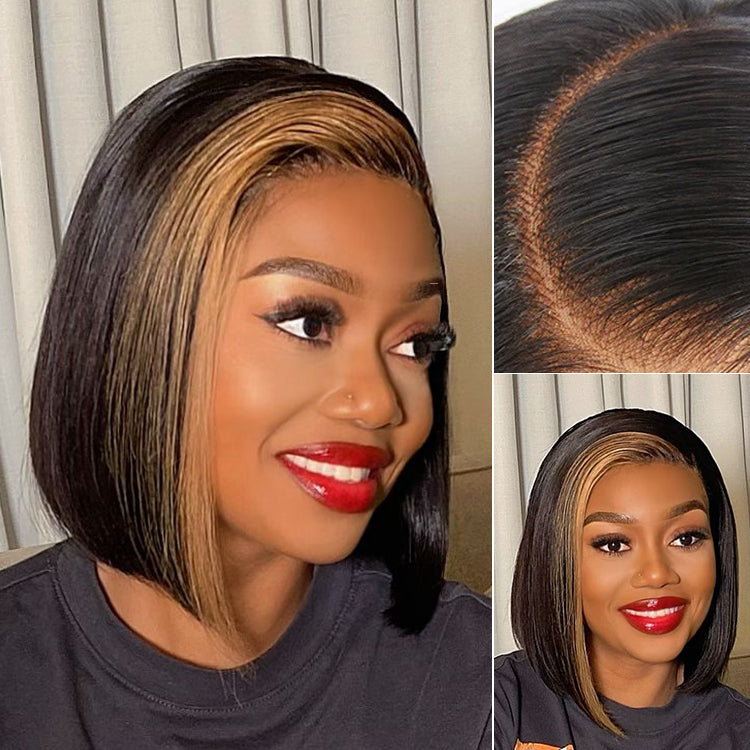 Blonde highlight silky blunt cut bob lace wig with C-part, minimalistic design, glueless fit, styled straight, by Luvme.