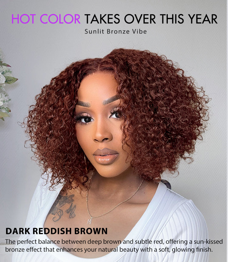 Dark Reddish Brown Water Wave Glueless 5x5 Closure Lace Short Curly Wig  - US Only-09