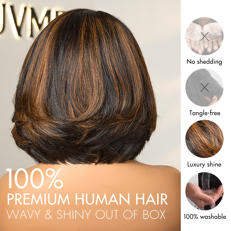 New Customers Only | Trendy Brown Highlight Layered Bob Blowout Glueless 5x5 Lace Closure Wig 100% Human Hair Pre-Cut Lace-07
