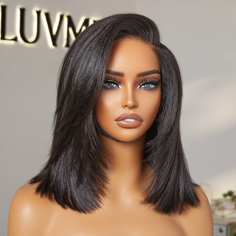 Layered Yaki straight minimalist HD lace bob wig with left C part, designed by Luvme Hair, showcasing the glueless, ready-to-wear style.