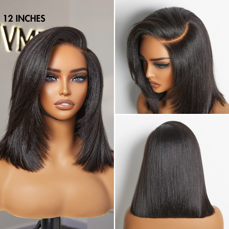 Luvme Hair layered cut Yaki straight minimalist lace wig with left C part, glueless design, ready-to-wear HD lace bob wig.