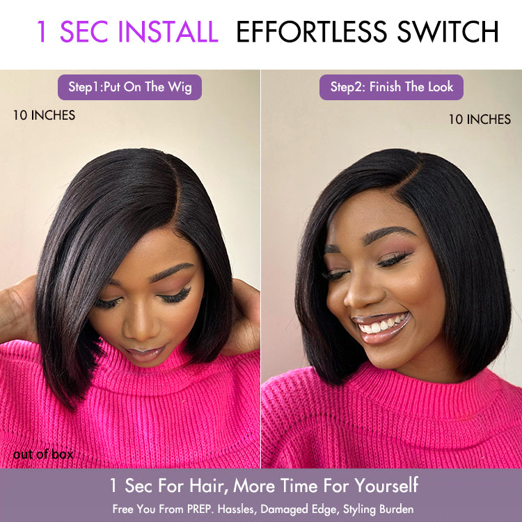 Luvme Hair layered cut Yaki straight minimalist lace wig with a left C-part, glueless design, ready-to-wear HD lace bob wig.