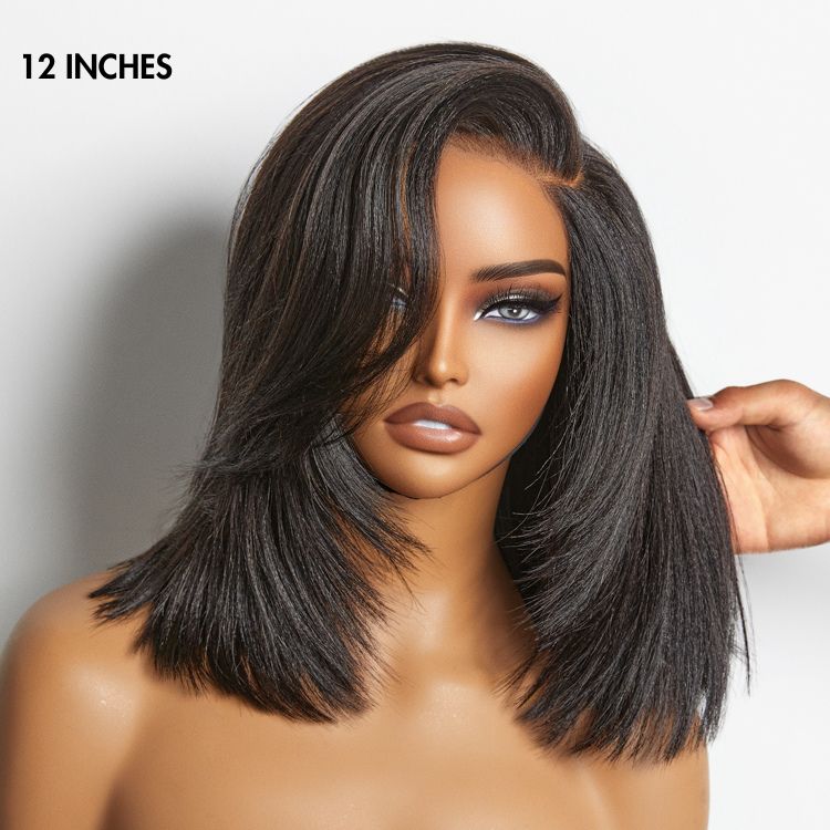 Luvme Hair layered yaki straight minimalist lace wig with left c-part, glueless HD lace, bob style, ready to wear.