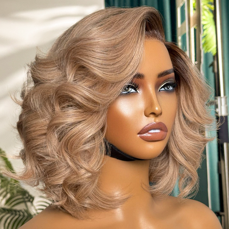 Ombre Ash Blonde Layered Bob Blowout Style Minimalist HD Pre-Cut Lace Glueless Short Wig  - US Only-01