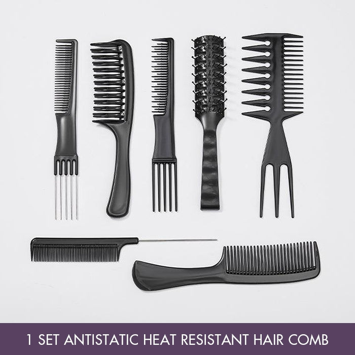 Luvme 7-piece antistatic heat-resistant hair comb set for all hair types, shown in various sizes and styles on a white background.