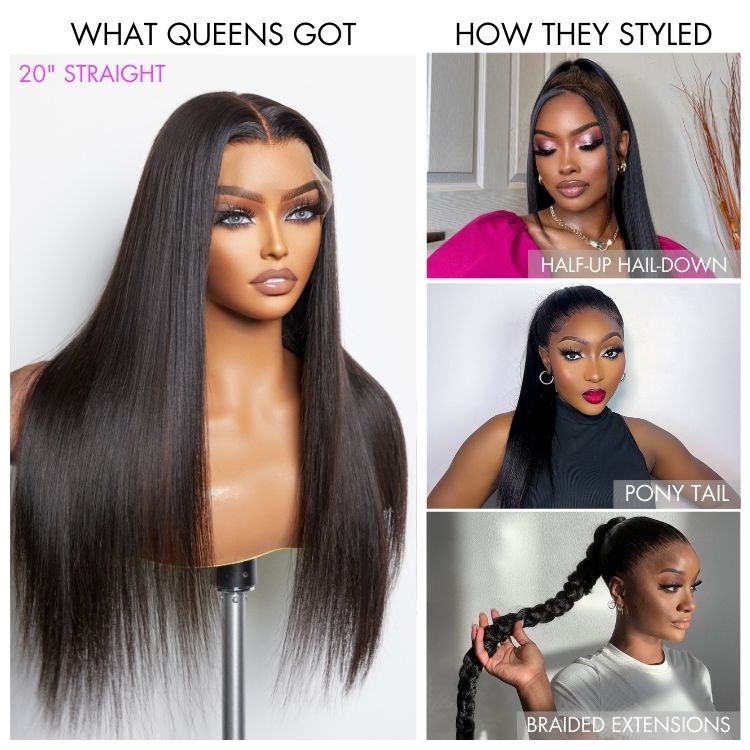 Luvme full lace wig featuring natural black body wave and straight styles with free part, half up half down look